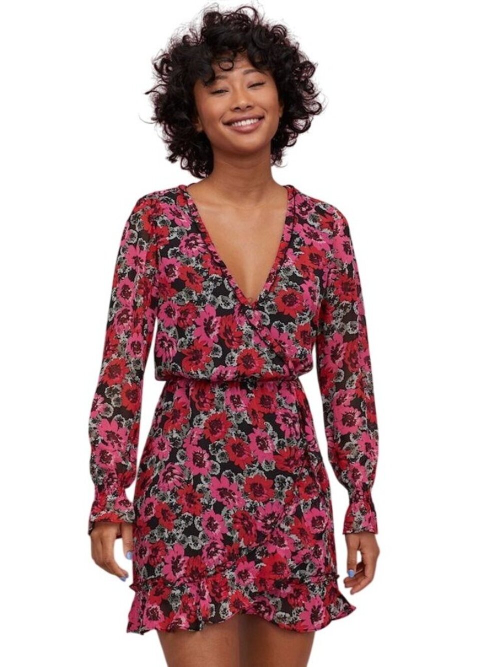 H&M Divided Floral Faux Wrap Mini Dress Size M Black Pink Long Sleeve V-Neck